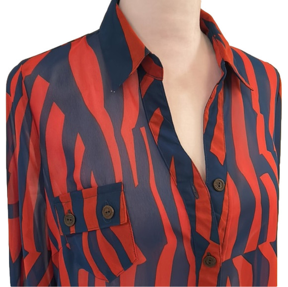 “mine” Burnt Orange & Dark Teal Sheer Blouse Size M - Picture 2 of 7